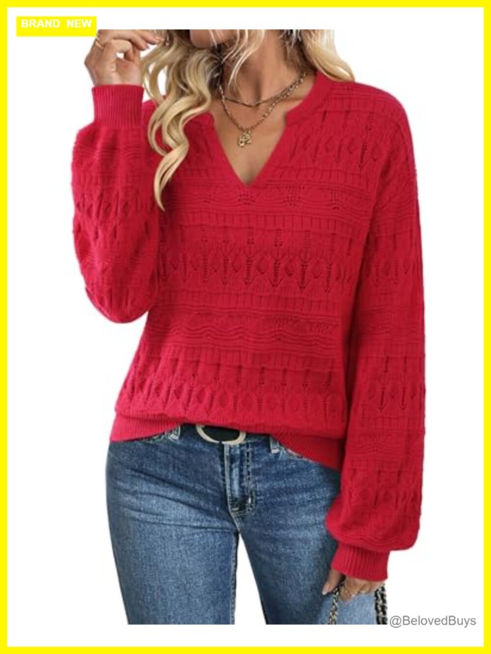 Lightweight Crochet Pullover Sweater Lantern Sleeve V-Neck Loose Knit